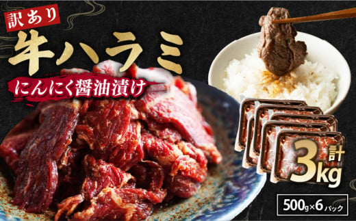 【 訳あり 】 牛ハラミ にんにく醤油漬け 3kg ( 500gパック ) 牛肉 牛 肉 ビーフ ハラミ 味付 にんにく ガーリック ガーリック醤油 冷凍 小分け 真空パック 簡単調理 簡単 調理 カット 焼肉 焼き肉 熨斗 贈答 ギフト お歳暮 御歳暮 御中元 お中元 便利 キャンプ アウトドア おかず ふるさと納税肉 京都 舞鶴 幸福亭 1067400 - 京都府京都府庁