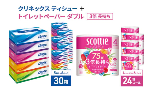 ティッシュ クリネックス ティシュー（5箱入×6パック）ボックスティッシュ ＋トイレットペーパー ダブル 3倍 長持ち （4ロール入×6パック） スコッティ フラワーパック 香り付き 3倍巻き 節約 日用品 消耗品 備蓄 備蓄品 備蓄用 防災 災害 [№5704-0887] 1586940 - 宮城県岩沼市