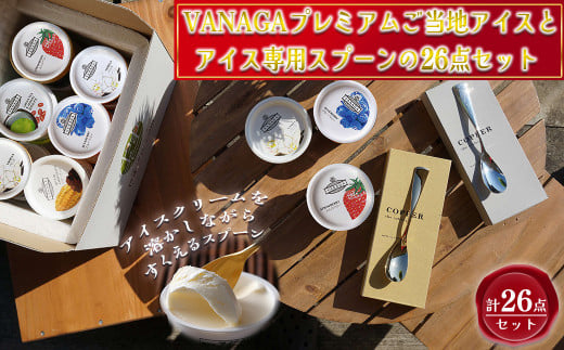 VANAGAプレミアムご当地アイス24個とアイス専用スプーン（ゴールド1本・シルバー1本）の26点セット【島根県 雲南市 高級 プレミアム アイス あいす スプーン スプーン付き 冷凍スイーツ  氷菓子 送料無料  定番 スタンダード ロングセラー 詰め合わせ】 1685929 - 島根県雲南市