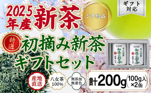 【予約限定茶】希少品「2025年産 特選初摘み新茶」100g缶詰 2缶化粧箱入 ギフト対応＜岩崎園製茶＞｜2025年5月初旬頃発送 556664 - 福岡県八女市