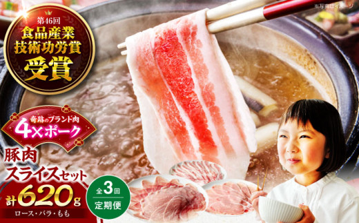 [全3回定期便][冷凍][4Xポーク] 豚肉 ポークスライスセット 620g (ロース150g、バラ170g、もも300g) 豚肉 スライス 小分け 肉 ぶたにく しゃぶしゃぶ 鍋 豚肉 愛媛県大洲市/株式会社SL Creations [AGCY010] お正月 クリスマス