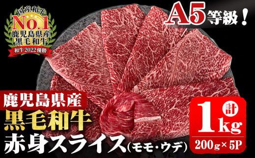 A5等級！鹿児島県産 黒毛和牛赤身スライス(ウデ・モモ) 計1,000g (200g×5P) b0-163-E 1114770 - 鹿児島県志布志市