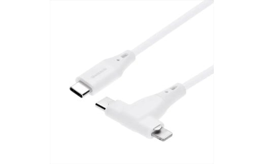 PD60W充電/データ転送対応 超柔らかな2 in 1タイプ Type-C to Type-C/Lightning ケーブル OWL-CBSCLC10-WH