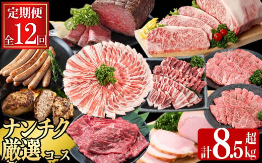 【定期便・全12回】ナンチクのお肉を楽しむ定期便！ナンチク厳選コース！ 総量8.5kg超! 牛肉 豚肉 鹿児島県産 国産 黒毛和牛 ステーキ すきやき しゃぶしゃぶ 焼肉 BBQ ウインナー ソーセージ ハム ローストビーフ 生ハム 定期便  t0165-001