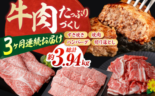 【3回定期便】お肉の定期便 たっぷり牛肉尽くしセット (3ヵ月) 総計約3.94kg 国産 牛肉 すき焼き すきやき 焼肉 切り落とし ハンバーグ 【(有)山重食肉】[ATAP072] 878421 - 高知県高知市