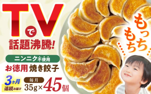 【3回定期便】《餃子のかわしも》かわしも焼き餃子お徳用45個入りパッケージ [AHBM006] 1604081 - 長崎県諫早市