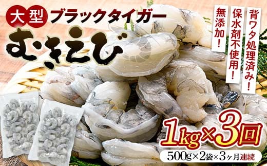 ブラックタイガーむきえび 1kg×3回定期便（3ヶ月連続） エビ 海老 むき身 海鮮 魚介類 無添加 バラ凍結 保水剤不使用 下処理済み F6L-1075