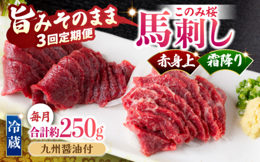 【3回定期便】鮮度抜群！冷蔵お届け 上馬刺し 2種 食べ比べ 計250g 赤身(150g) 霜降り(100g) ブランド馬肉「このみ桜」馬刺し用醤油付き【馬庵このみ】馬刺し 馬肉 霜降り 赤身ブロック 国産 九州産 冷蔵 1617285 - 福岡県うきは市