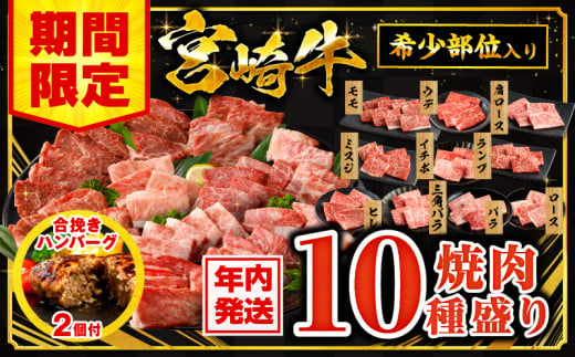 【年内発送】【期間・数量限定】宮崎牛焼肉10種盛り合わせ+合挽きハンバーグ100g×2個｜牛肉 宮崎牛 和牛 焼肉 盛り合わせ 10種 モモ ウデ ロース 肩ロース バラ ミスジ ランプ イチボ 三角バラ ヒレ｜_M132-067-B-NN