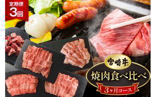 3回 定期便 宮崎牛 焼き肉 食べ比べ 3ヶ月コース 合計2.2kg [マルミヤストア 宮崎県 美郷町 31ag0089] 肉 牛 牛肉 モモ バラ カルビ 焼肉 ウデ 腕 冷凍