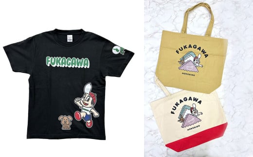 [選べるカラー・サイズ]FUKAGAWAオリジナルTシャツ ブラック(大人用)・トートバック・オリジナルピンバッチセット シャツ Tシャツ 服 ピンバッチ バック トートバッグ 北海道 深川市