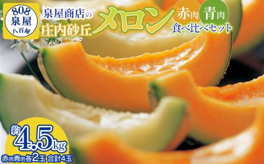 【令和7年産先行予約】泉屋商店の庄内砂丘メロン 赤肉・青肉 食べ比べセット4玉入 (約4.5kg)　K-739 1318444 - 山形県鶴岡市