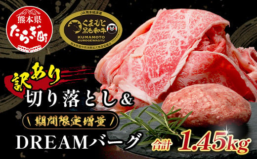 《R6.5・6・7月発送 限定 増量 》くまもと黒毛和牛 切り落とし 1kg + DREAMバーグ 150g×3個 【合計1450g】 切り落とし 1キロ + 牛肉 100％ 国産 生 ハンバーグ  ブランド牛 上質 和牛 霜降り お得 限定品 惣菜 冷凍 熊本県 113-0530