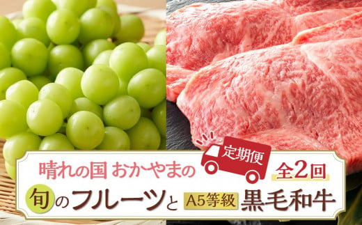 フルーツ 肉 2025年 先行予約 晴れの国 おかやま の 旬のフルーツと A5等級 黒毛 和牛 2回 定期便 ぶどう 牛肉 梨 岡山県産 国産 ギフト