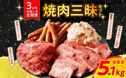 ≪3か月お楽しみ定期便≫ミヤチク焼肉三昧セット(総重量5.1kg) 肉 牛 牛肉 豚肉 国産_T030-061