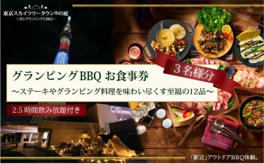 手ぶらでBBQプラン【有効期間6か月】ステーキやグランピング料理を味わい尽くす至福の12品＋2.5時間飲み放題 東京スカイツリータウン(R)の庭 3名様 利用券 お食事券【マッキンリープラン】 [№5619-1830]