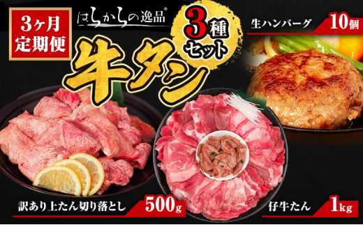 3ヵ月定期便 牛タン はらからの逸品 人気3種 定期便 仔牛たん1kg 生ハンバーグ 10個 訳あり 上たん 切り落とし 500g