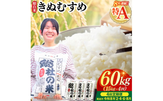 【令和7年産米】特Aきぬむすめ【精白米】60kg 定期便（15kg×4回）岡山県総社市〔令和8年2月・4月・6月・8月配送〕25-120-010 1995931 - 岡山県総社市