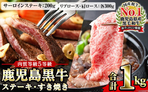 鹿児島黒牛 3種 食べ比べ 1kg サーロインステーキ 400g（200g×2P） リブロース スライス 300g×1P 肩ロース スライス 300g×1P A5等級 内閣総理大臣賞受賞！日本一 の 鹿児島黒牛 冷凍 小分け 国産 鹿児島県産 希少部位 赤身 BBQ すきやき しゃぶしゃぶ 焼肉 にも便利【E-301】【E-52H】