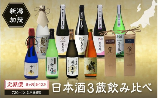 【定期便6ヶ月毎月お届け】【20セット限定・年末限定】日本酒3蔵飲み比べセット 12本（720ml×2本×6ヶ月）《2025年1月以降順次発送》マスカガミ 雪椿酒造 加茂錦酒造   贈答 加茂市 マルダイ有本 1044005 - 新潟県加茂市