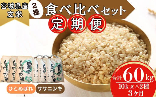 【令和6年産】 【新米】 ササニシキ・ ひとめぼれ （玄米）合計60kg 10kg×2種 食べ比べセット 3ヵ月定期便（20kg×3回） 【定期便】宮城県 東松島市 米 こめ オンラインワンストップ 対応 自治体マイページ V 1209466 - 宮城県東松島市