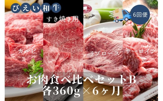 ファームズ千代田「びえい和牛」お肉食べ比べセットB(各360g×6ヶ月) | 冷凍 人気 送料無料 お取り寄せ 北海道 美瑛 おすすめ お土産 御礼 ギフト 北海道土産 おみやげ お土産 高級 特選 贅沢 食べ比べ バラエティ 詰め合わせ 詰合せ つめあわせ セット 和牛 牛肉 カルビ ロース 国産 国産牛 国産牛肉 すき焼き リブロース サーロイン 定期便  [492-01]