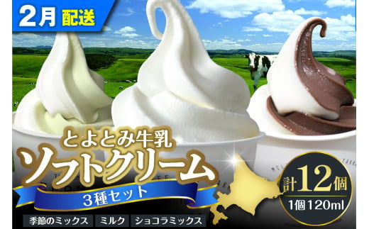 【2025年2月配送】とよとみ牛乳ソフトクリーム【120ml 3種類 計12個】 1734250 - 北海道豊富町