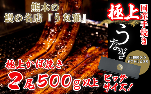 鰻の名店『うな雅』国産手焼き鰻【極上】かば焼き 2尾 500g以上のビッグサイズ！ 秘伝のたれ 山椒 付き !うなぎ 鰻 手焼き 国産 熊本 美里町 熊本県 蒲焼 かば焼き タレ 土用の 丑の日 お取り寄せ グルメ ウナギ たれ 送料無料 特産品 国産 九州 蒲焼 冷凍 鰻丼 鰻重 1710501 - 熊本県美里町