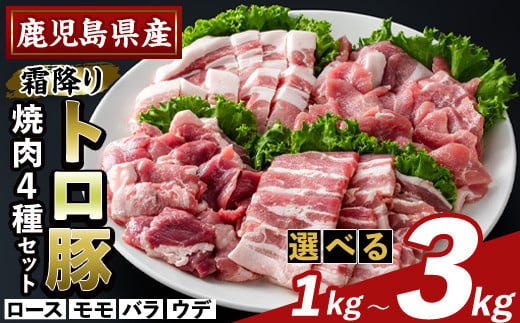 K-379 ＜選べる容量＞鹿児島県産霜降りトロ豚 焼肉用バラエティセット(合計1kg～3kg)【KNOT】霧島市 ロース バラ ウデ モモ 焼き肉 ヤキニク 豚肉 国産 鹿児島県産 肉 精肉 小分け セット 食べ比べ