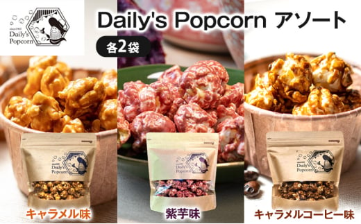 Daily's Popcornアソート　キャラメル味,紫芋味,キャラメルコーヒー味 各2袋［ ポップコーン お菓子 スイーツ 詰め合わせ 食べ比べ ］ [№5275-0678] 1757601 - 兵庫県伊丹市