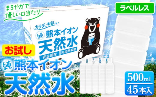 熊本イオン純天然水 ラベルレス 500ml×45本 お試し 《30日以内に出荷予定(土日祝除く)》 水 飲料水 ナチュラルミネラルウォーター 熊本県  玉名郡 玉東町 完全国産 天然水 - 熊本県玉東町｜ふるさとチョイス - ふるさと納税サイト