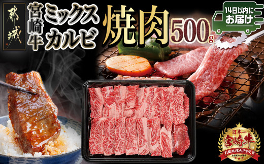 宮崎牛ミックスカルビ焼肉500g≪みやこんじょ快速便≫_14-8902-R_(都城市) 宮崎県産 宮崎牛 ミックスカルビ  焼肉 バーベキュー 赤身 サシ 旨み・風味・食感 ウデ・バラ・肩ロース・モモ