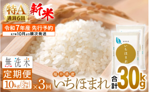 [新米・先行予約]令和7年産 無洗米 定期便 3回 いちほまれ 10kg × 3回(計30kg)特A通算6回!福井県産[お米 コメ kome 3ヶ月連続 計30キロ 精米 白米 便利 時短][令和7年10月より順次発送予定] [e27-g010]