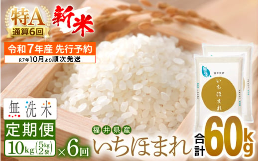 [新米・先行予約]令和7年産 無洗米 定期便 6回 いちほまれ 10kg × 6回(計60kg)特A通算6回!福井県産[お米 コメ kome 6ヶ月連続 計60キロ 精米 白米 便利 時短][令和7年10月より順次発送予定] [e27-k005]