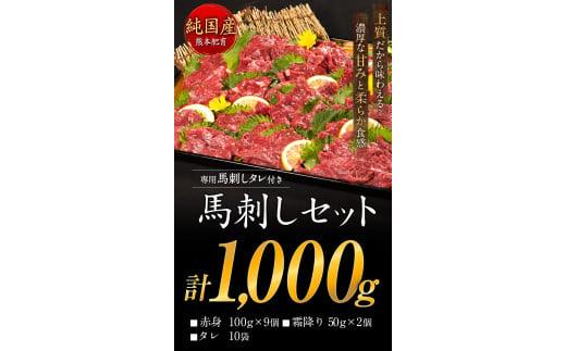 熊本県玉東町のふるさと納税 馬刺し1kg 赤身馬刺し900g＋霜降り馬刺し100g【純国産熊本肥育】 《3月上旬-4月末頃出荷》たっぷりタレ(5ml×10袋) 付き 桜肉 生食 冷凍