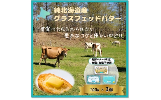 ＜おためし＞北海道産グラスフェッドバター3個セット(有塩・食塩不使用・発酵　100g×各1個)【1565607】 1833590 - 北海道西興部村