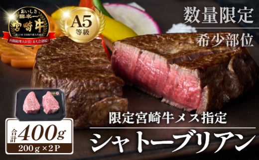 [限定・プレミアムシリーズ]厳選宮崎牛メス指定 A5等級シャトーブリアン 400g(国産 牛肉 国産牛 和牛 黒毛和牛宮崎牛 赤身 ヒレ シャトーブリアン ステーキ 焼肉)