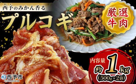 ＜西予のみかん香るプルコギ 合計 約1kg（500g×2）＞ みかん風味 韓国 牛肉 お肉 味付け 焼肉 タレ漬け タレ レシピ プルコギ丼 献立 アレンジ 味付け 子供 惣菜 おかず グルメ 愛媛県 西予市【冷凍】 1805668 - 愛媛県西予市