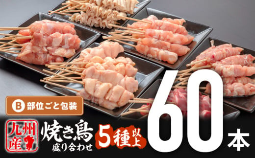 九州産若鶏の焼き鳥セット5種以上（60本）盛り合わせ（冷凍）【焼鳥 やきとり 焼きとりセット せせり ぼんじり カタ 皮 モモ 砂肝 冷凍 宮崎産 国産鶏 鶏肉 鶏串 串 】_M146-001 323368 - 宮崎県宮崎市