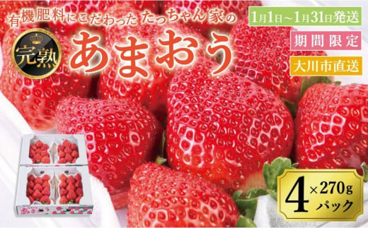 【2025年1月1日～1月31日までに発送！】有機肥料にこだわった たっちゃん家の完熟あまおう(270g×4パック)【配送不可地域：北海道・沖縄・離島】【あまおう 食品 あまおう フルーツ あまおう 果物 苺くだもの いちご 食品 イチゴ 人気 あまおう おすすめ 送料無料 福岡県 大川市 FD013】 1840339 - 福岡県大川市