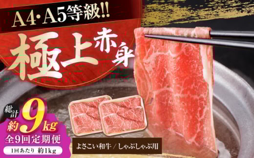 【9回定期便】高知県産 よさこい和牛 上赤身 しゃぶしゃぶ用 約500g×2 総計約9kg 牛肉 すきやき 国産 肉 A4 A5 薄切り スライス 【(有)山重食肉】 [ATAP125] 1838655 - 高知県高知市