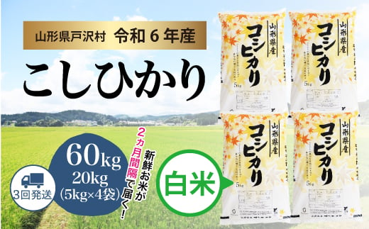 【令和6年産米】コシヒカリ ［白米］ 60kg 定期便（20kg×3回お届け）＜配送時期指定可＞ 1837691 - 山形県戸沢村