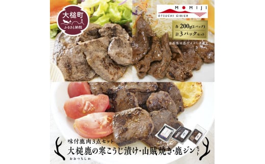 【年内発送の受付は12月22日まで！】【味付鹿肉3点セット】大槌鹿の寒こうじ漬け・山賊焼き・ジンギしかン各1パック 岩手県産 天然鹿 鹿肉 味付肉 寒こうじ 安藤醸造 ジビエ ヘルシー 低カロリー こうじ 糀 おかず ご飯のお供 赤身 冷凍 加工肉 ギフト 1861219 - 岩手県大槌町