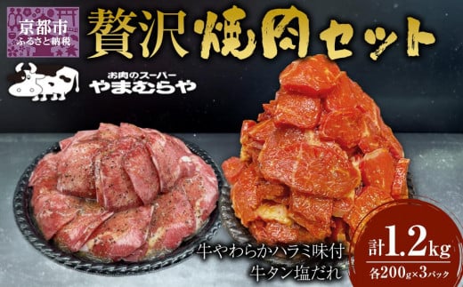 【やまむらや】贅沢焼肉セット 牛やわらかハラミ味付600g(200g×3パック)＆牛タン塩だれ600g(200g×3パック)計1.2kg ［ 京都 焼肉 BBQ ステーキ 有名店 ハラミ 牛タン セット 人気 おすすめ 肉 お肉 味付け お取り寄せ 通販 送料無料 ギフト ふるさと納税 ］ 1643559 - 京都府京都市