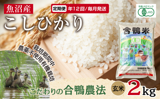 定期便 年12回 毎月 魚沼産 コシヒカリ 2kg あいがも農法 有機栽培米 玄米 米 お米ご飯 胚芽 合鴨 ごんべい こしひかり 特A 人気 安全 お取り寄せ 送料無料 新潟県 十日町市  1882665 - 新潟県十日町市