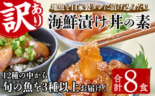 ＜訳あり＞地魚海鮮漬け丼の素 (計8食) アジ サバ マグロ カツオ タイ イカ ブリ カワハギ メジナ イサキ カンパチ ヒラメ 鮮魚 漬け丼 詰め合わせ 食べ比べ 冷凍 国産 大分県 佐伯市【GO013】【(株)水元】 1881340 - 大分県佐伯市