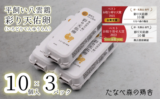 島根県雲南市のふるさと納税 平飼い八雲鶏(やくもどり)　彩り天佑卵(てんゆうらん) 10個×3パック 【卵 たまご タマゴ 鶏卵 卵30個 生卵 こだわり卵 玉子 平飼い 新鮮 卵かけご飯 たまごかけご飯 卵焼き TKG 冷蔵 自然飼料 島根県産 雲南市産】