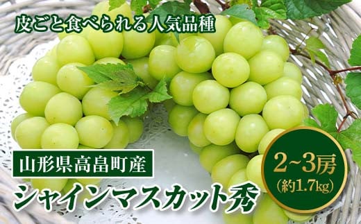 ≪先行予約≫山形県 高畠町産 シャインマスカット 秀品 約1.7kg(2~3房) ぶどう ブドウ 葡萄 マスカット 大粒 種なし 高級 くだもの 果物 フルーツ 秋果実 産地直送 F20B-741 693161 - 山形県高畠町