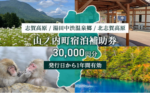 長野県山ノ内町のふるさと納税 山ノ内町内宿泊補助券（6枚）1年間有効 30,000円分 旅行 宿泊券 ホテル 旅館 チケット 宿泊 補助券 志賀高原 湯田中渋温泉郷 北志賀高原 地獄谷野猿公苑  温泉 ギフト 自然 観光 長野県 信州 冬 スキー