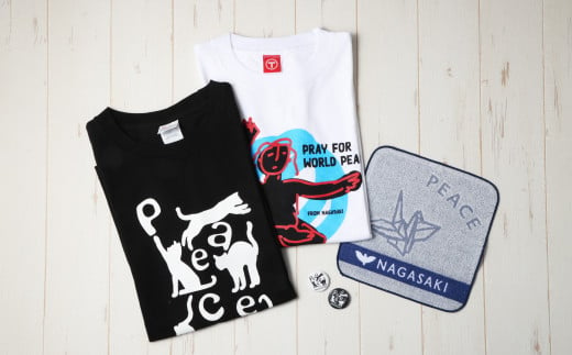 長崎から平和を！ピースなTシャツ・PEACEな ねこTシャツ・ミニタオル・ねこ缶バッジ (黒・白) 各1個セット ／ 計4点 Tシャツ タオル 猫 ネコ 缶バッジ 長崎県 長崎市